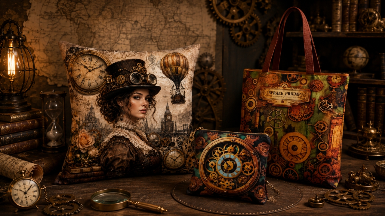 Créations artisanales Steampunk des Cabas en folie : coussin, cabas et pochette aux motifs d’engrenages