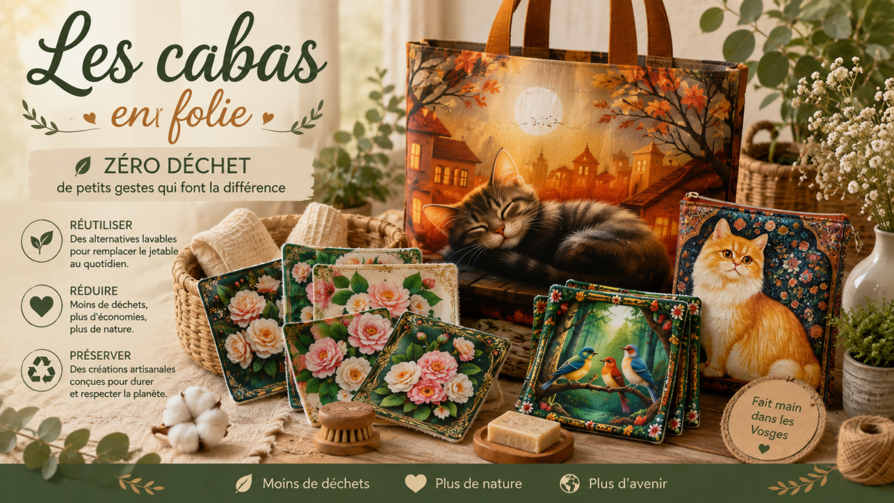Créations zéro déchet Les CABAS en folie : lingettes lavables, essuie-tout réutilisables, sac cabas en tissu et accessoires artisanaux inspirés de la nature.