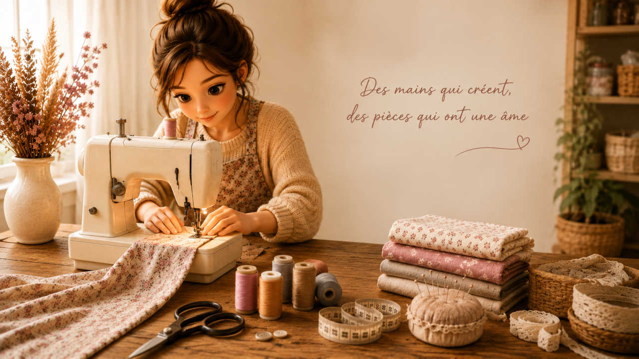 Jeune femme réalisant une création textile à la machine à coudre dans un atelier artisanal