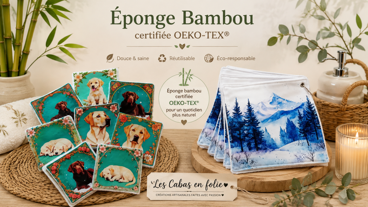 Lingettes démaquillantes lavables Labrador et essuie-tout lavable paysage en éponge bambou certifiée OEKO-TEX® – créations artisanales Les Cabas en folie