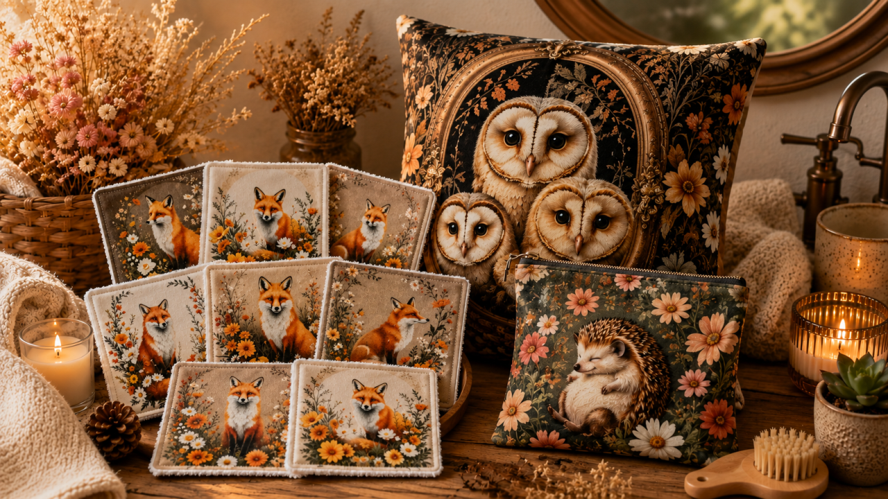 Mise en scène cocooning avec lingettes lavables motif chats, coussin chouettes et trousse hérisson dans une ambiance naturelle – créations artisanales Les Cabas en folie.