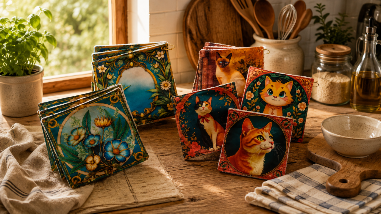 Essuie-touts lavables en éponge de bambou aux motifs floraux et chats - Les Cabas en folie