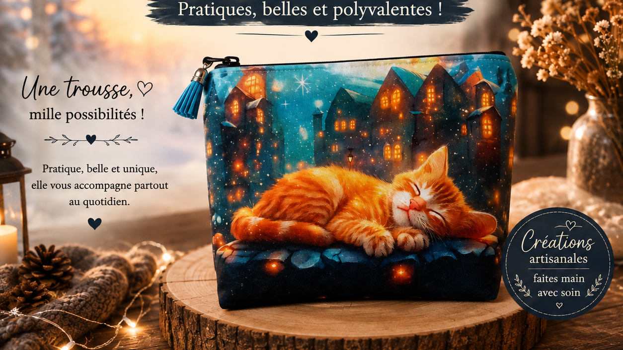 Trousse artisanale Les Cabas en folie avec chat roux endormi, accessoire pratique et polyvalent pour le maquillage, les crayons, les médicaments ou les petits accessoires, inspiré des Vosges.