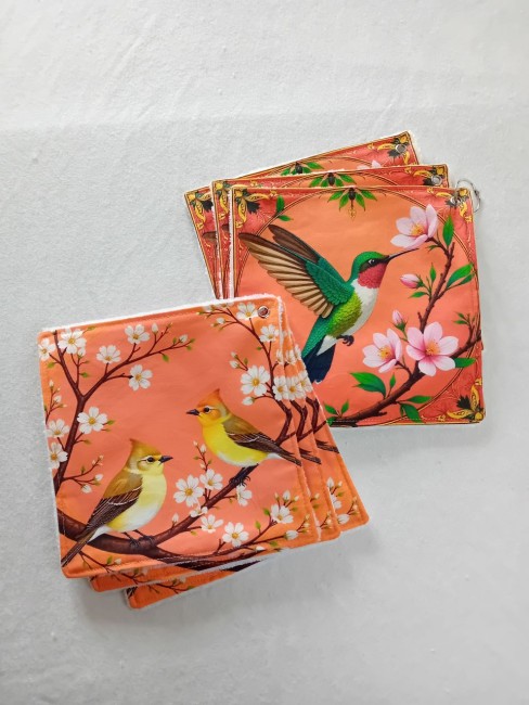 Lot de 6 essuie-tout lavables motifs oiseaux, colibri et fleurs de cerisier, en éponge bambou et coton imprimé