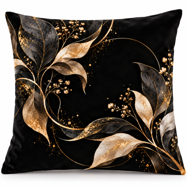 Housse de coussin Feuillage métallisé or en velours noir, ornée de feuilles dorées, ivoire et gris charbon, format 45x45 cm.
