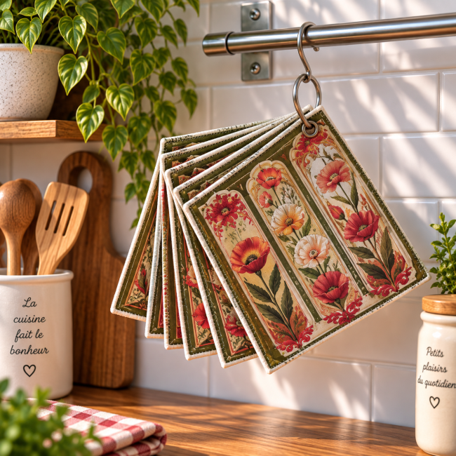 Lot de 6 essuie-tout lavables Fleurs et citrouilles, 20x20 cm, suspendus dans une cuisine avec anneau ouvrable