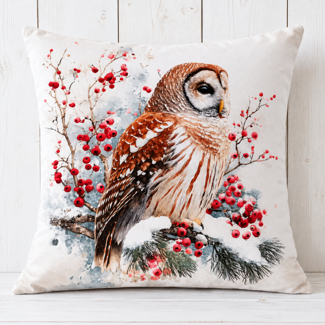 Housse de coussin Chouette et Baies Rouges en velours | Déco Montagne & chalet Housse de coussin Chouette et Baies Rouges en velours 45x45 cm, motif chouette brune et crème entourée de baies rouges sur fond clair.