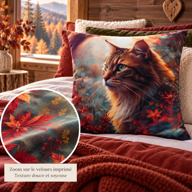 Zoom sur le velours imprimé de la housse de coussin Chat dans la forêt automnale 45x45 cm