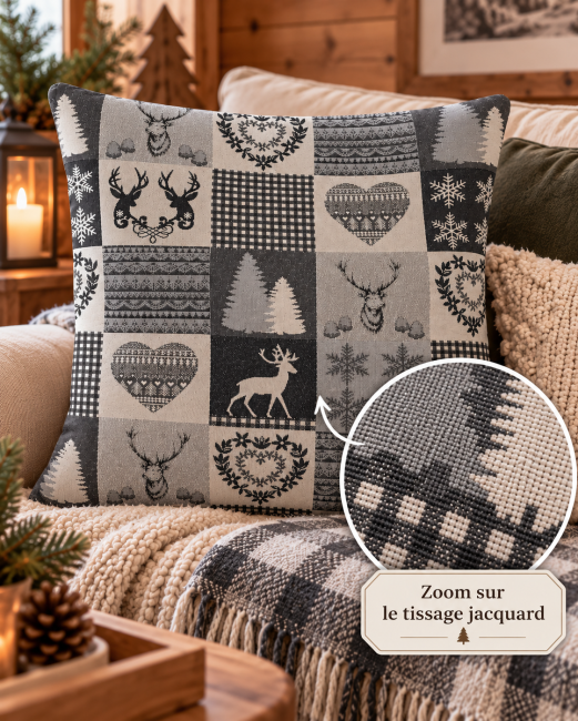 Housse de coussin Patchwork Montagne en jacquard 45x45 cm | Déco Chalet Zoom sur le tissage jacquard de la housse de coussin Patchwork Montagne, révélant les détails des fils et des motifs.