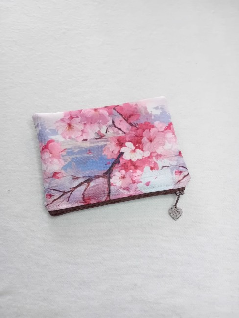 Trousse fleur de cerisier en polyester imperméable et simili cuir marron – Les Cabas en folie