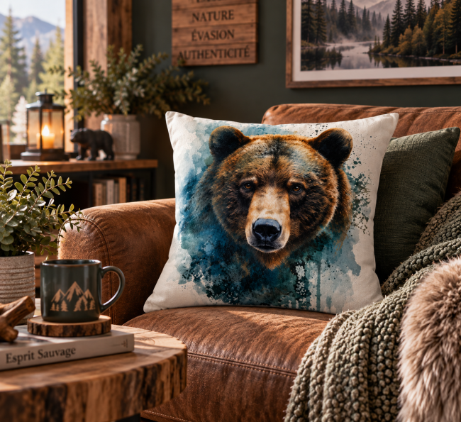 Housse Coussin Portrait d'Ours Velours 45x45 | Animaux Vosges Housse de coussin Portrait d'ours en velours 45x45 cm, mise en scène sur un fauteuil en cuir dans une décoration nature et chaleureuse