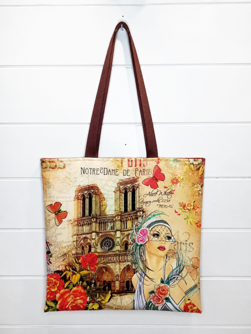 Tote bag Élégance Parisienne avec Notre-Dame de Paris, fleurs, papillons et femme élégante – Les Cabas en folie