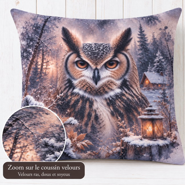 Housse de coussin Hibou des neiges en velours imprimé 45x45cm / Déco Montagne Zoom sur le velours imprimé de la housse de coussin Hibou des neiges