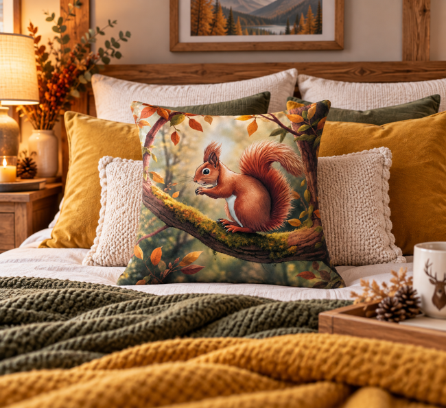 Housse de coussin Écureuil d’automne en velours dans une décoration chambre cocooning