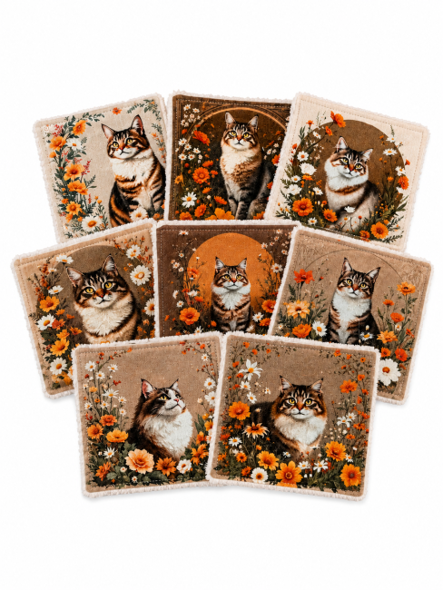 Lot de 8 lingettes démaquillantes lavables Chat d’automne, chats, fleurs et feuillages – Confection des Vosges