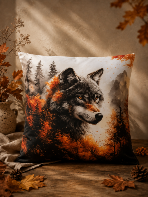 Housse de coussin Loup en forêt en velours imprimé 45 × 45 cm