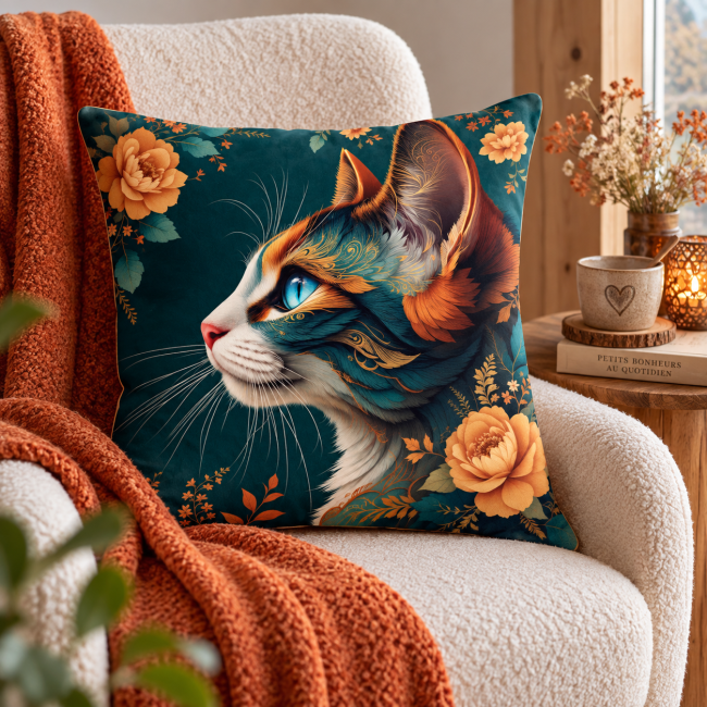 Housse de coussin chat en velours 45x45 cm | Animaux Housse de coussin chat et fleurs en velours dans une décoration intérieure originale et cocooning