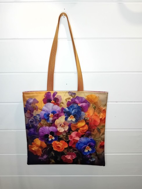 Tote bag Bouquet de Pensées aux fleurs violettes, bleues, roses, orange et jaunes, modèle unique dans les Vosges