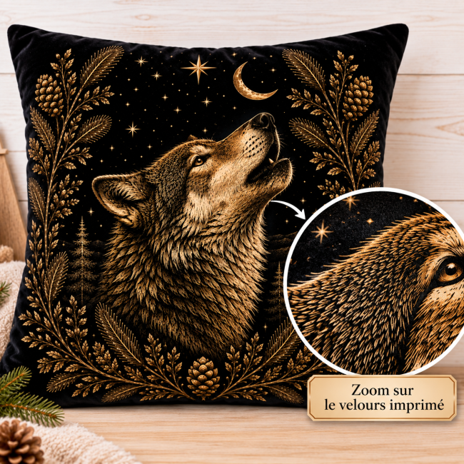 Housse de coussin Loup hurlant en velours 45x45 cm | Déco Montagne Zoom sur le velours imprimé de la housse de coussin loup hurlant