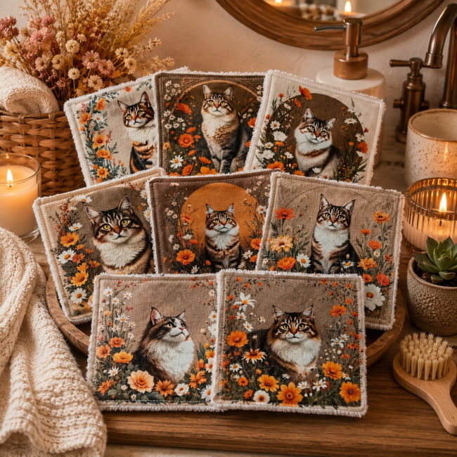 Lot de 8 lingettes démaquillantes lavables Chat d’automne présenté dans une mise en scène déco