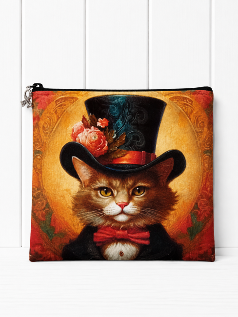 Trousse multi-usage, motif chat « Chat élégant » – Fait main dans les Vosges | Les Cabas en folie Trousse multi-usage motif chat élégant avec haut-de-forme, modèle unique fait main dans les Vosges