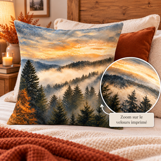 Housse de coussin Sapins montagne en velours 45x45 cm | Déco chalet Vosges Zoom sur le velours imprimé de la housse de coussin Sapins dans la montagne
