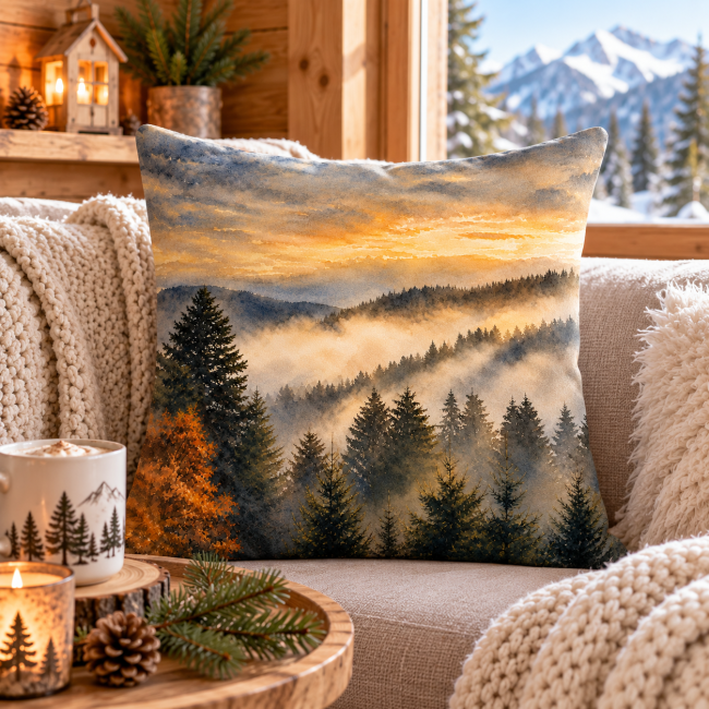 Housse de coussin Sapins montagne en velours 45x45 cm | Déco chalet Vosges Housse de coussin Sapins dans la montagne en velours dans une décoration chalet cocooning