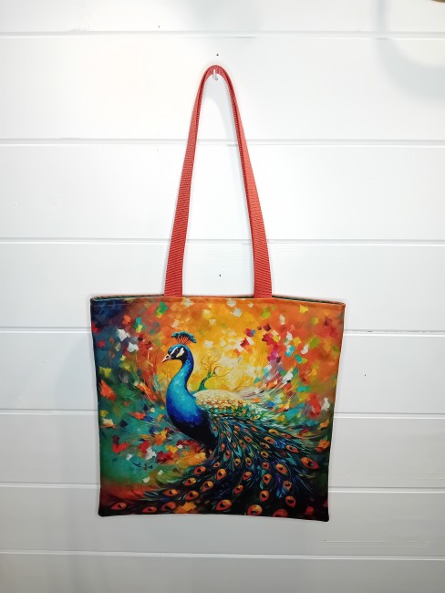Tote bag Paon Fantaisie avec motif de paon aux couleurs éclatantes, confection artisanale dans les Vosges