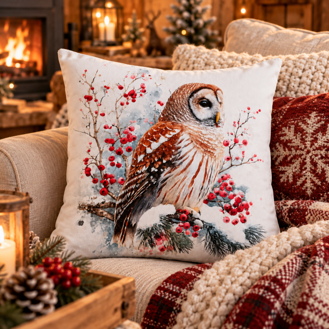 Housse de coussin Chouette et Baies Rouges en velours | Déco Montagne & chalet Housse de coussin Chouette et Baies Rouges en velours, décoration cocooning hivernale sur canapé dans une ambiance chaleureuse de chalet.