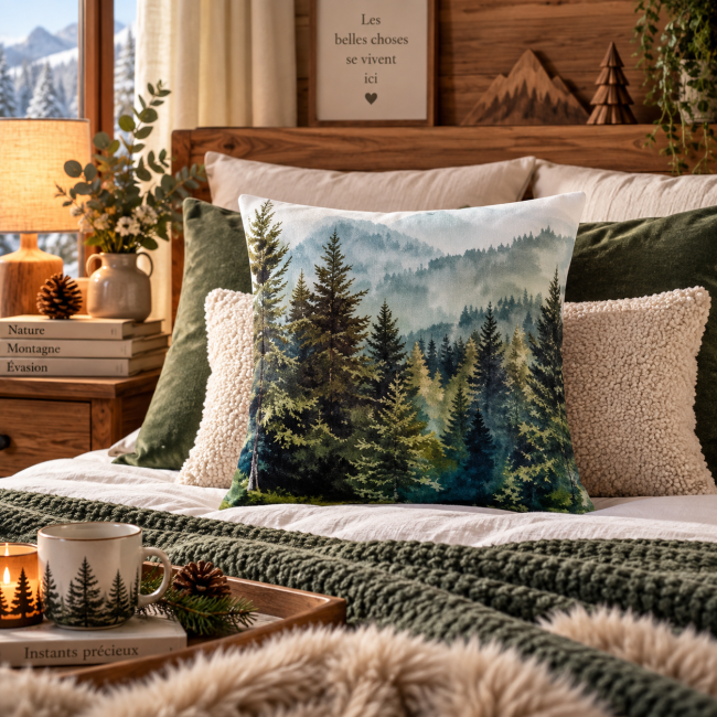 Housse de coussin Sapins des Vosges en velours 45x45 cm | Déco montagne | Les Cabas en folie Housse de coussin Forêt et sapins en velours 45x45 cm, mise en scène sur un lit dans une décoration chalet cocooning