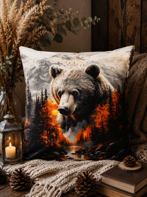 Housse de coussin animaux ours en foret dans un salon chaleureux et cocooning