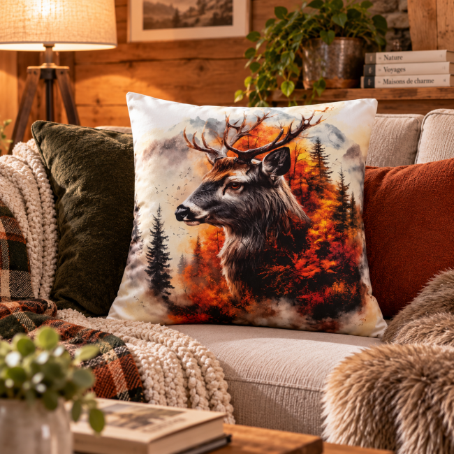 Coussin Cerf en Velours 45x45 | Déco Montagne & Chalet Vosges Housse de coussin Cerf en forêt en velours 45x45 cm, mise en scène sur un canapé dans une décoration chalet chaleureuse
