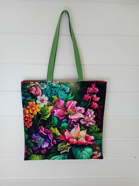 Tote bag Jardin fleuri en velours imprimé avec suédine verte et anses assorties – Les Cabas en folie