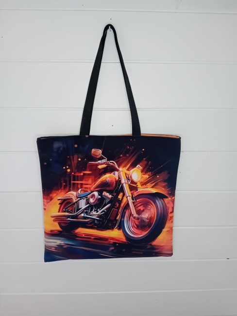 Tote bag Flamme de Liberté au motif de moto rouge, orange et cuivre, confection dans les Vosges