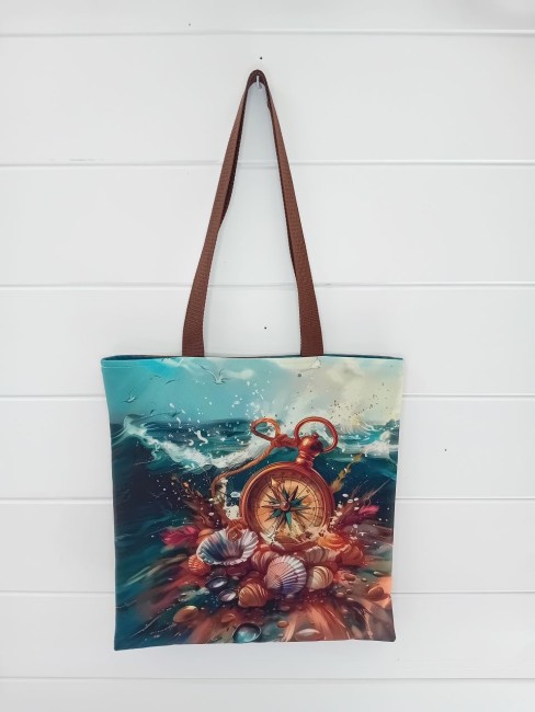 Tote bag Boussole marine avec boussole, coquillages, galets et vagues bleutées, modèle unique dans les Vosges