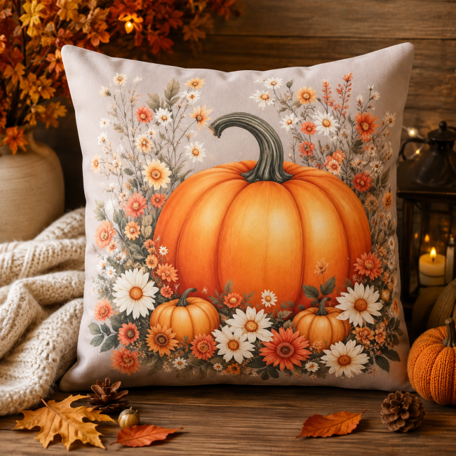 Housse Coussin Citrouille Fleurs Automne Velours 45x45 Vosges Housse de coussin automnale citrouille et fleurs dans un salon chaleureux et cocooning