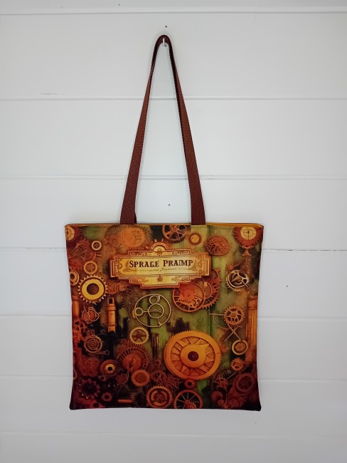 Tote bag rouages Steampunk marron avec imprimé engrenages et simili cuir