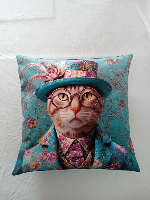 Housse de coussin en velours motif animaux chat en costume faite main