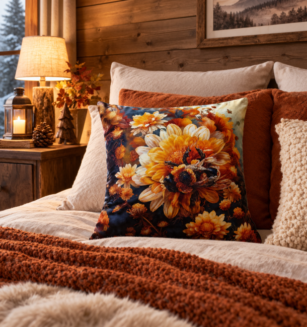 Housse de Coussin Abeille Velours 45x45 | Déco Chalet Vosges Housse de coussin Abeille 2.0 en velours 45x45 cm, mise en scène sur un lit dans une décoration chalet cocooning