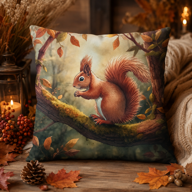 Housse Coussin Ecureuil Automne Velours 45x45 | Foret Vosges Housse de coussin ecureuil de la foret dans un salon chaleureux style montagne