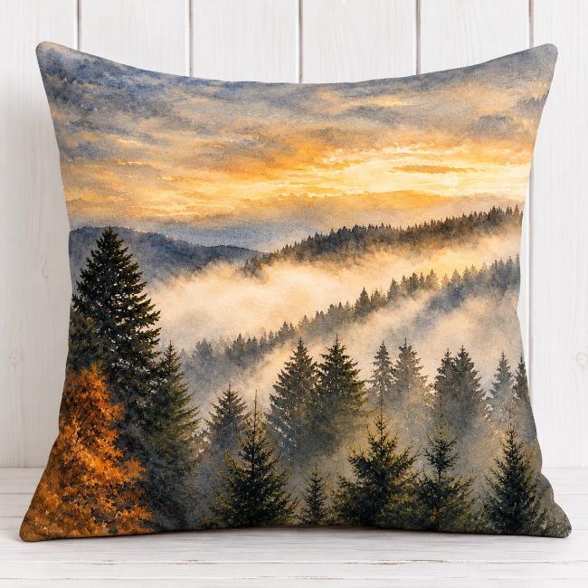 Housse de coussin Sapins montagne en velours 45x45 cm | Déco chalet Vosges Housse de coussin Sapins dans la montagne en velours 45x45 cm confectionnée à Gérardmer