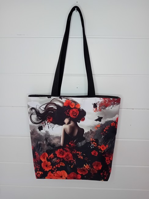 Sac cabas motif femme et fleurs -Romance rouge –Fait main | Les Cabas en folie Sac cabas Romance rouge aux fleurs rouges et motif féminin, modèle unique, création artisanale dans les Vosges