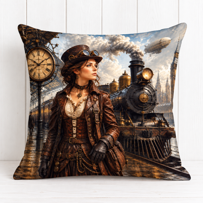 Housse de coussin Femme Steampunk en velours 45x45 cm | Steampunk Housse de coussin femme steampunk en velours 45x45 cm, confectionnée dans les Vosges