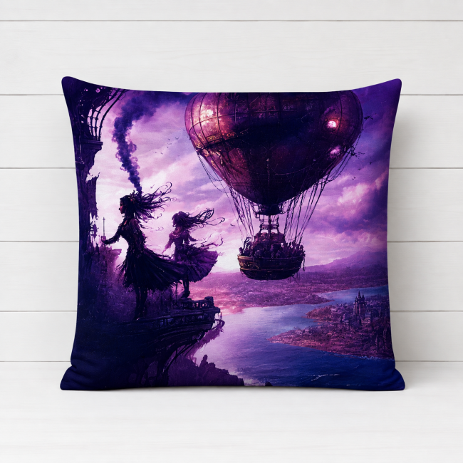 Housse de coussin Steampunk 45x45 cm avec dirigeable et paysage fantastique