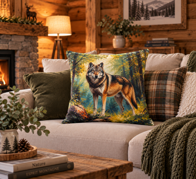 Housse de Coussin Loup Aquarelle | Déco Chalet Vosges Housse de coussin Loup en velours 45x45 cm, mise en scène sur un canapé dans une décoration chalet esprit cocooning