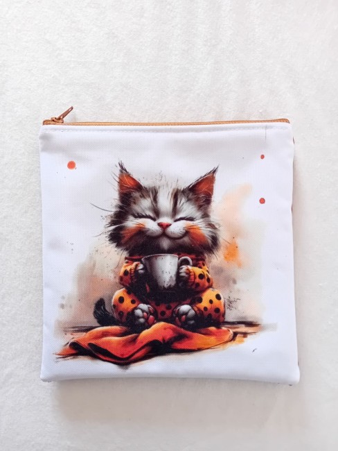 Trousse multi-usage motif chat « Chat cocooning », modèle unique avec dos en velours côtelé terracotta