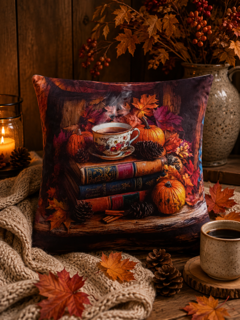 Housse Coussin Thé Livres Automne Velours 45x45 | Vosges Housse de coussin automne tasse de thé et livres dans un coin lecture cocooning