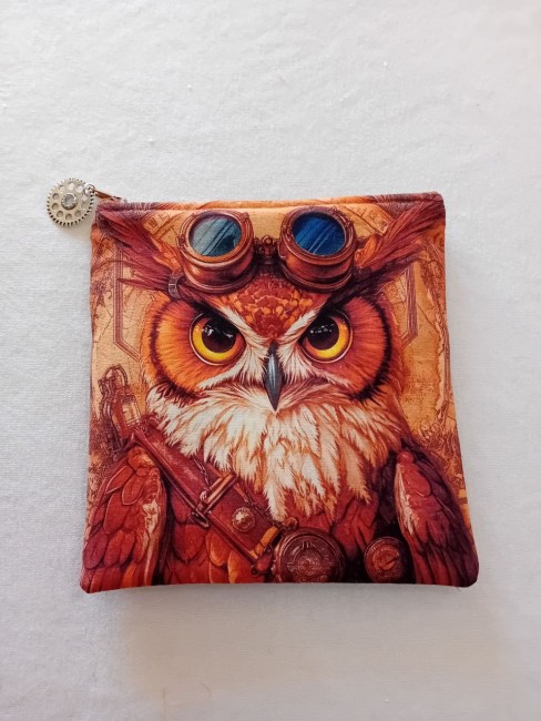 Trousse hibou Steampunk avec lunettes et motifs mécaniques, suédine beige