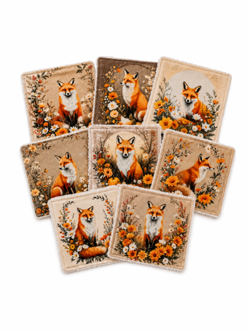 Lingettes démaquillantes lavables Renards – Lot de 8 | Les Cabas en folie Lot de 8 lingettes démaquillantes lavables motif renards, fleurs et feuillages – Confection des Vosges