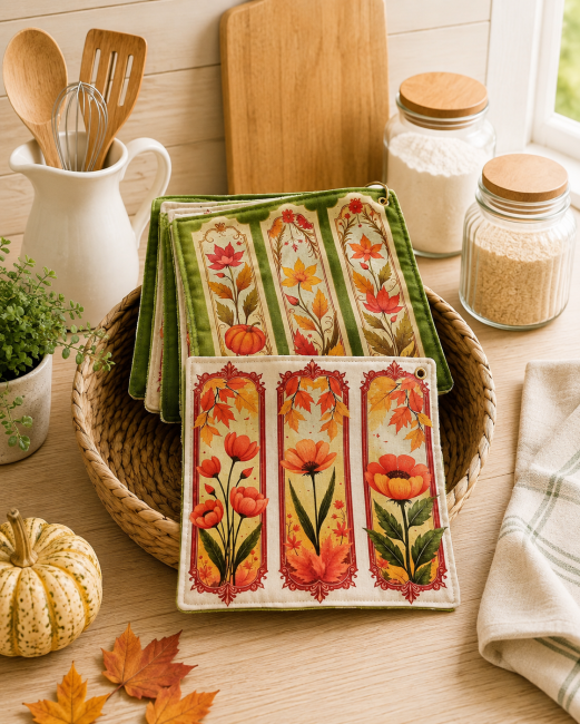 Lot de 6 essuie-tout lavables motif fleurs, feuillages et citrouilles, en éponge bambou et coton imprimé